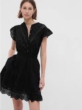 GAP Black Eyelet Button-Front Mini Dress with Scalloped Hem